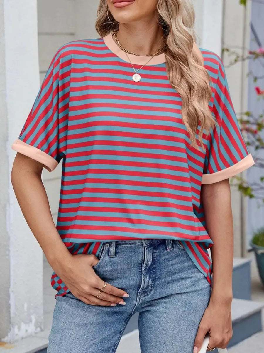 Stylish Striped Round Neck Half Sleeve T-Shirt for Women - Love Salve